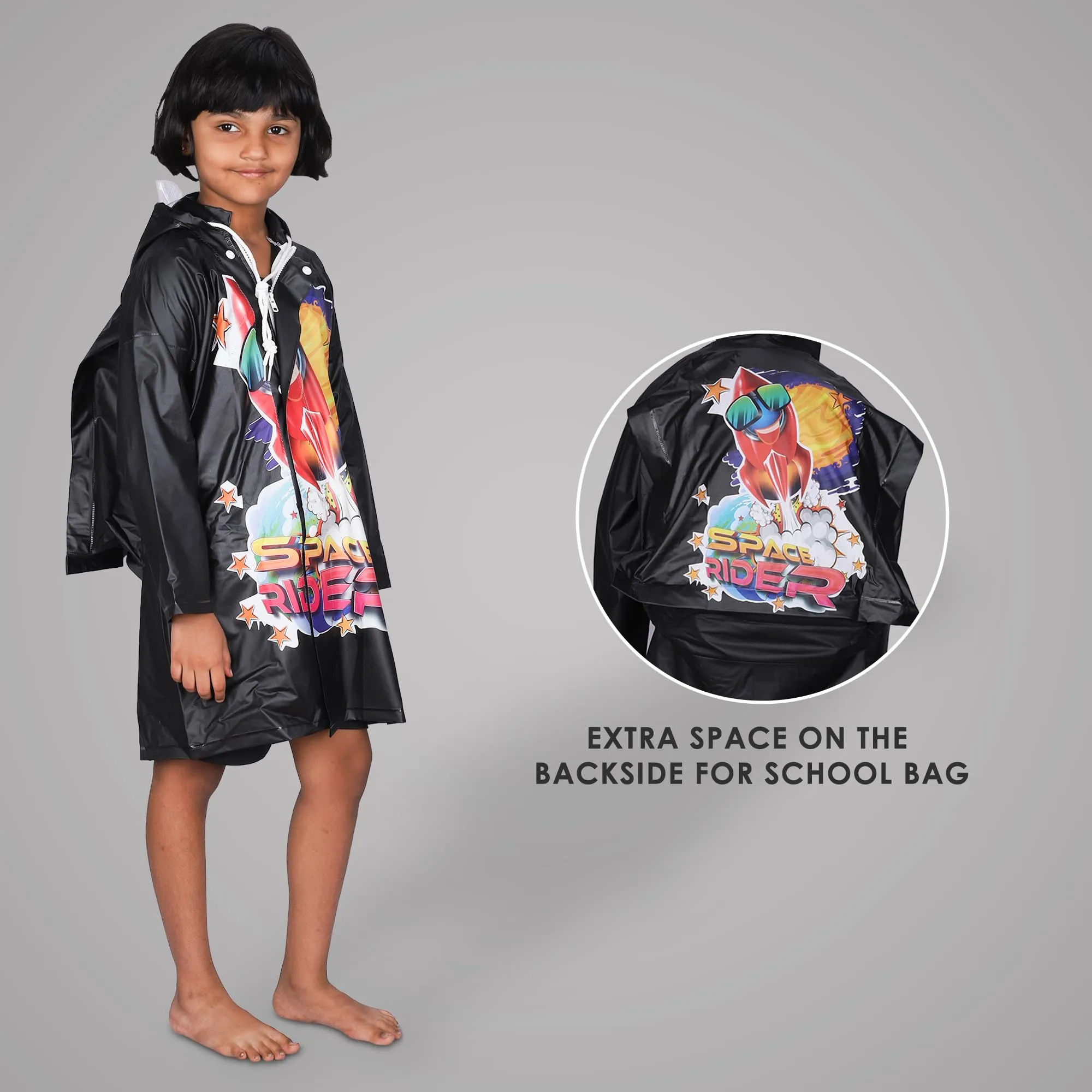 THE CLOWNFISH Toon Caper Series Kids Waterproof PVC Longcoat with Adjustable Hood & Extra Space for Backpack/Schoolbag Holding. Printed Plastic Pouch. Kid Age-6-7 years (Navy Blue)