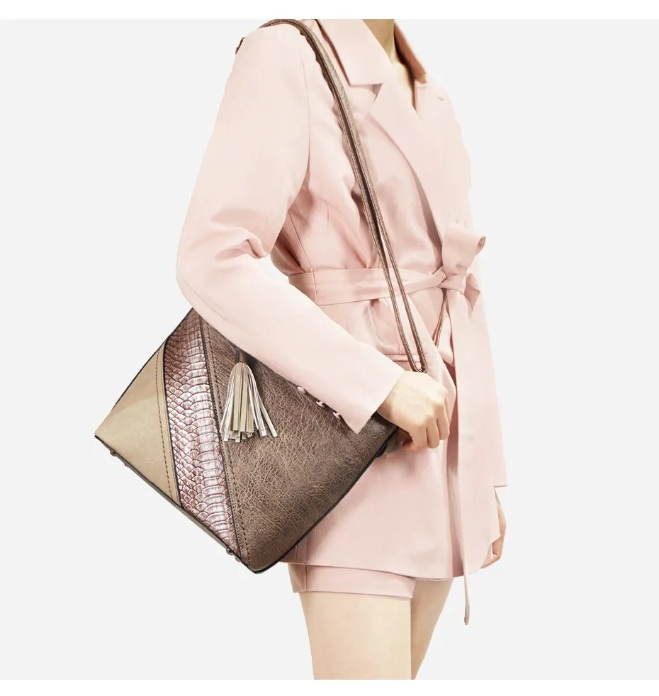 Vegan Leather Spliced Serpentine Satchel With Tassel