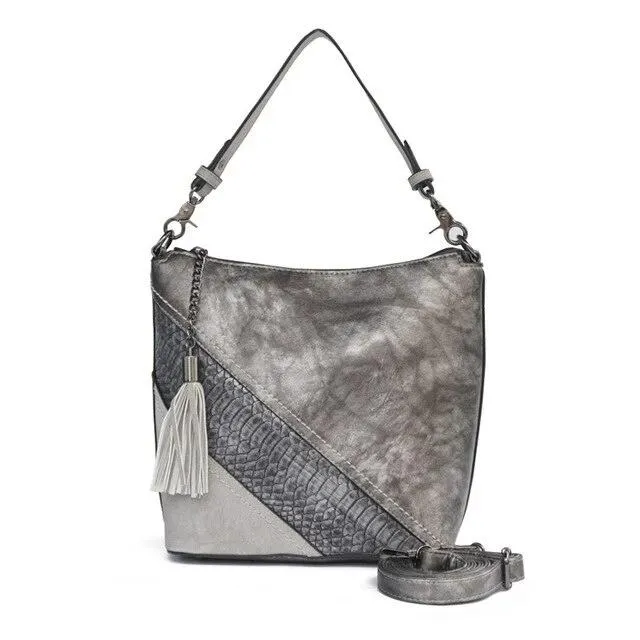Vegan Leather Spliced Serpentine Satchel With Tassel