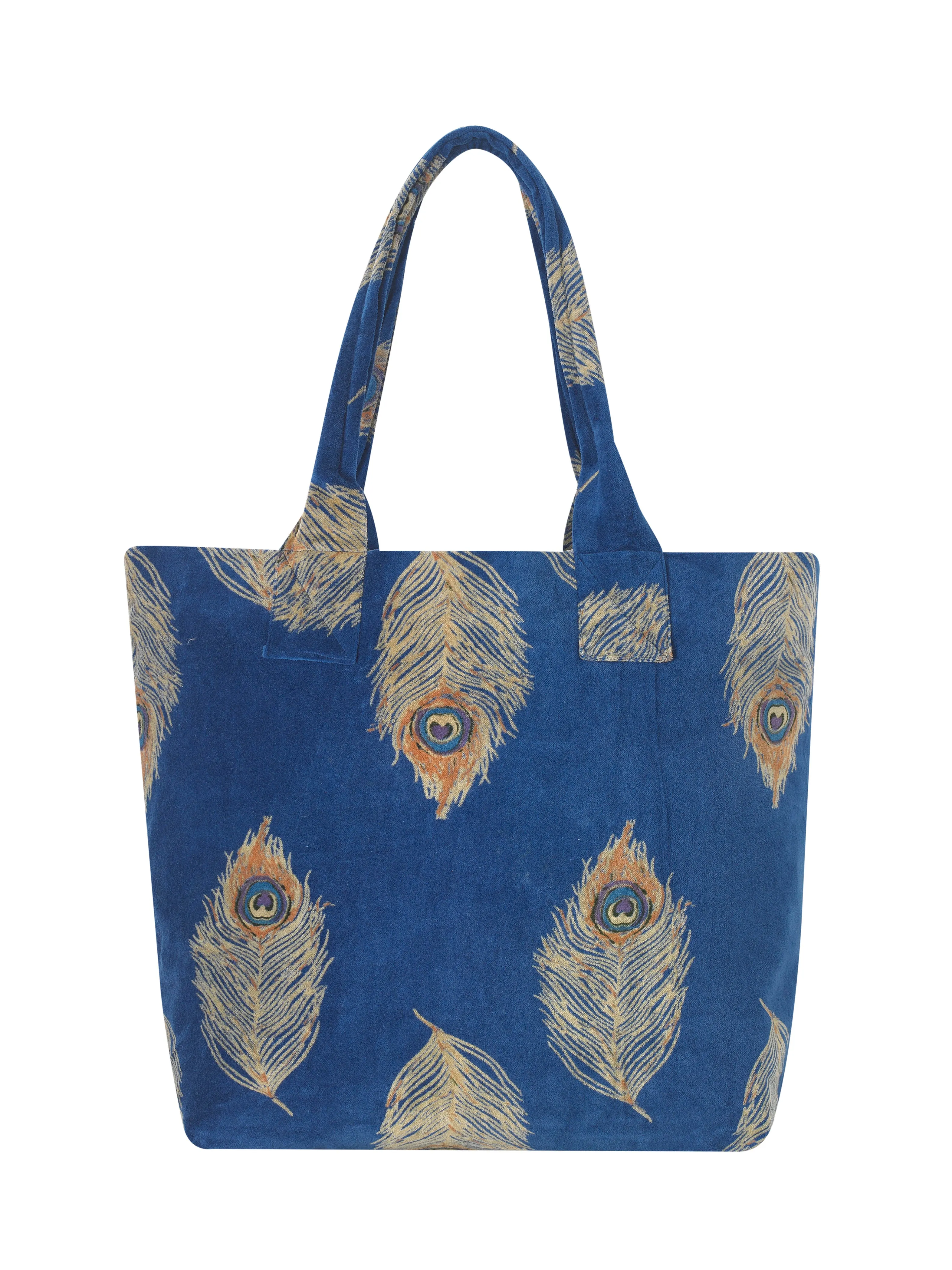 Velvet Tote Bag Navy Peacock Gold Feather