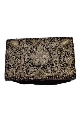 VINTAGE 1930s Black Velvet Handmade Embroidered Silver Flower Emblem Clutch Bag (S)