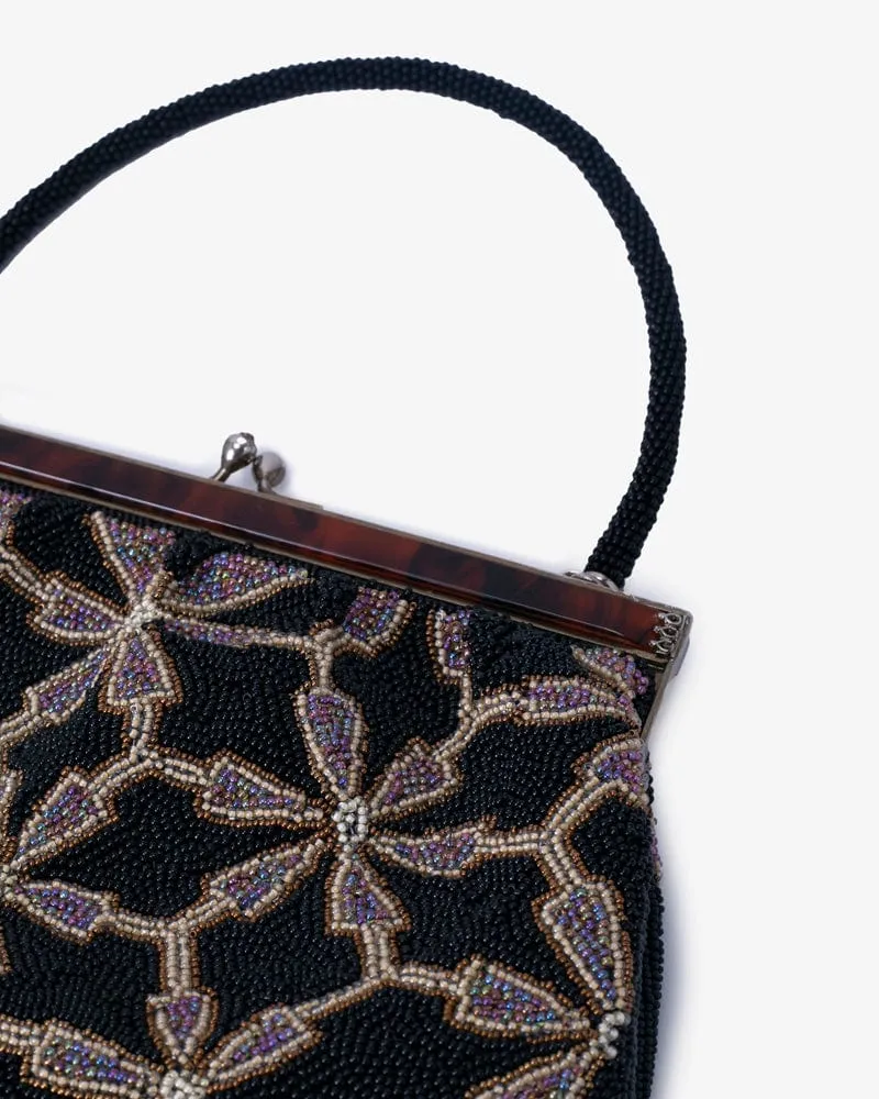 Vintage Bag, Purse, Beaded, Abstract Floral Pattern, Black and Lavender