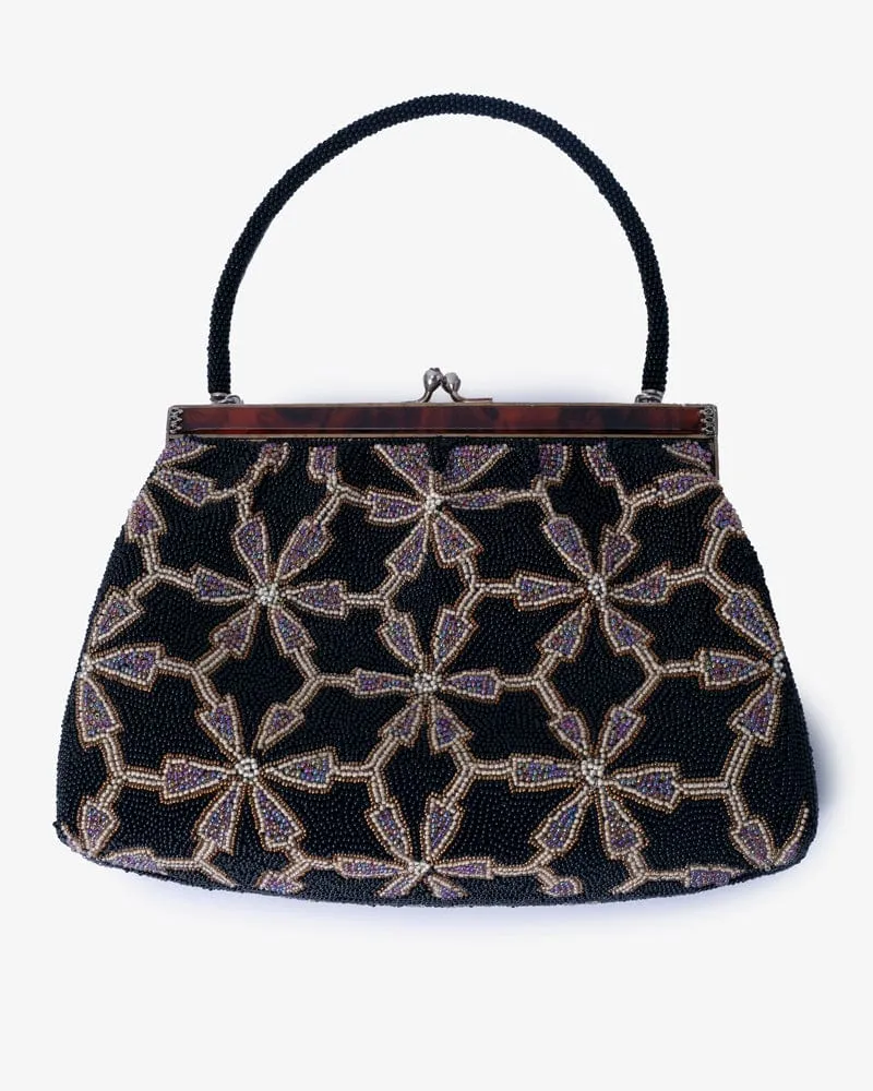 Vintage Bag, Purse, Beaded, Abstract Floral Pattern, Black and Lavender