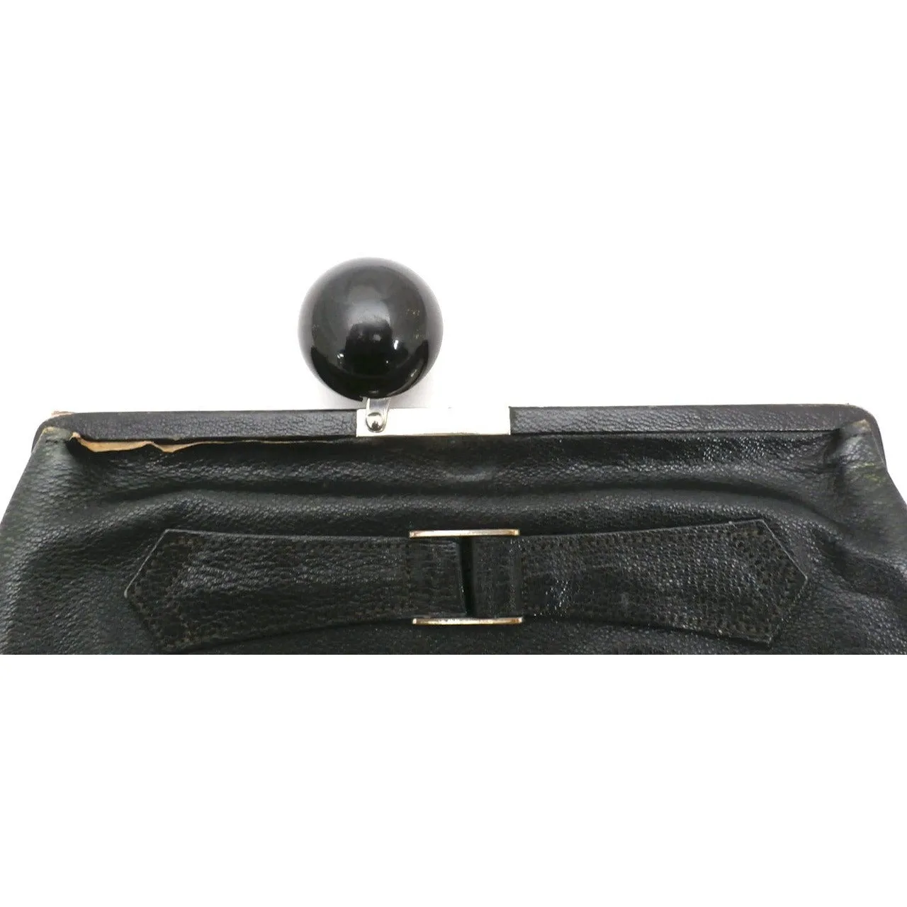 Vintage Black  Leather Clutch Purse w/ Huge Ball Clasp Art Deco 1920s