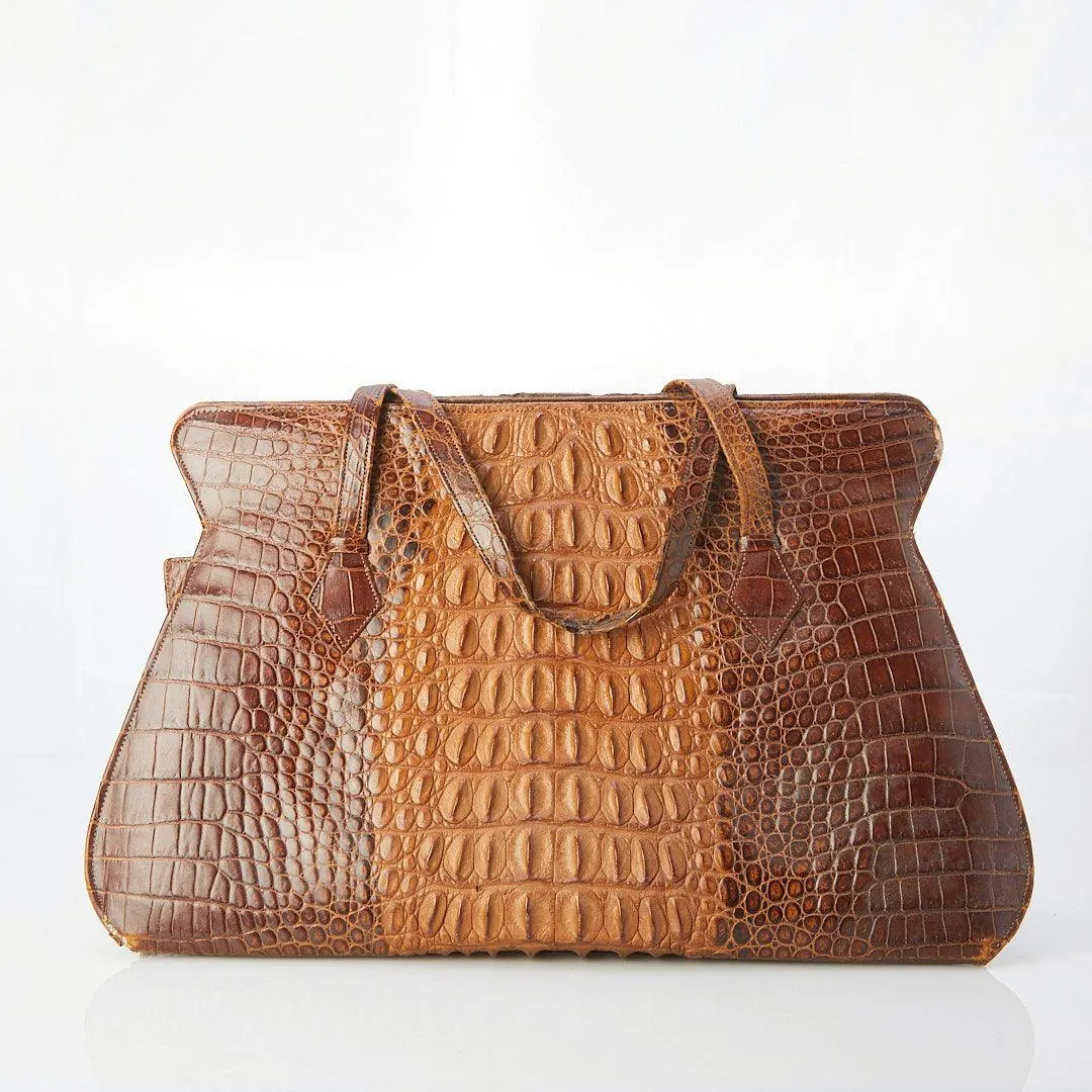 Vintage Genuine Crocodile Brown Large Fixed Handle Bag