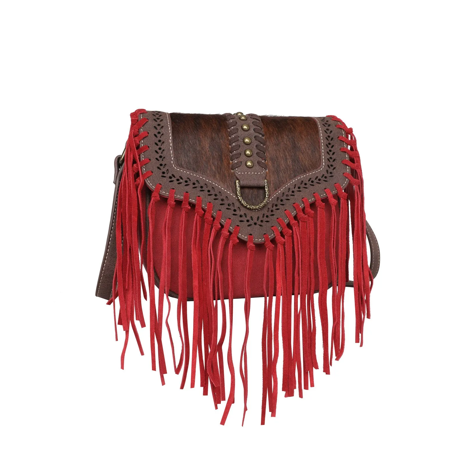 WG10-8360 Wrangler Hair-On Cowhide Fringe Crossbody（Wrangler by Montana West）- Red