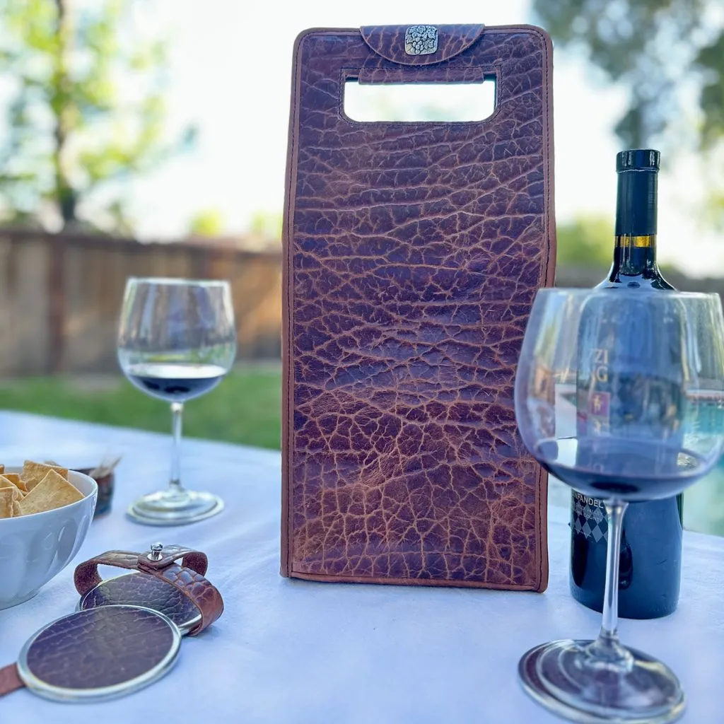 Wine Bottle Bag, Glazed Bison in Tobacco