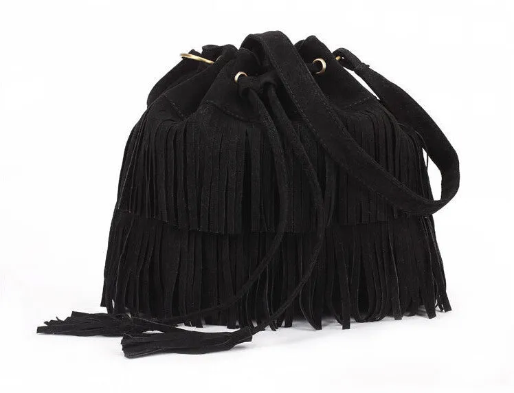 Women Suede Drawstring Bucket Bag Women vintage Handbag Faux Fringe Tassel Shoulder Cross bodybags lady Messenger Bag WHC7521