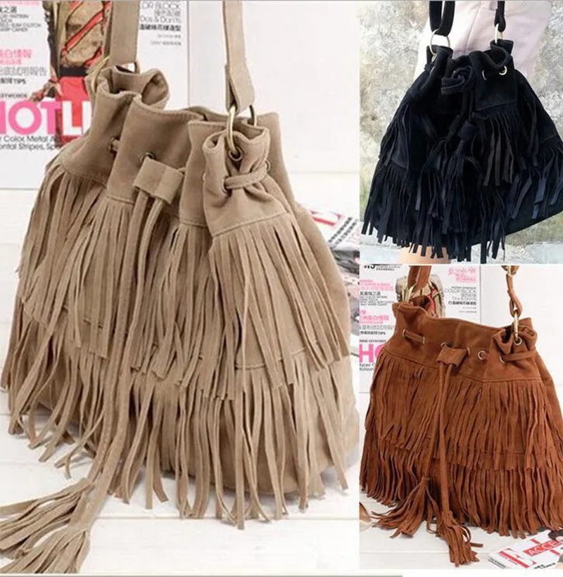 Women Suede Drawstring Bucket Bag Women vintage Handbag Faux Fringe Tassel Shoulder Cross bodybags lady Messenger Bag WHC7521