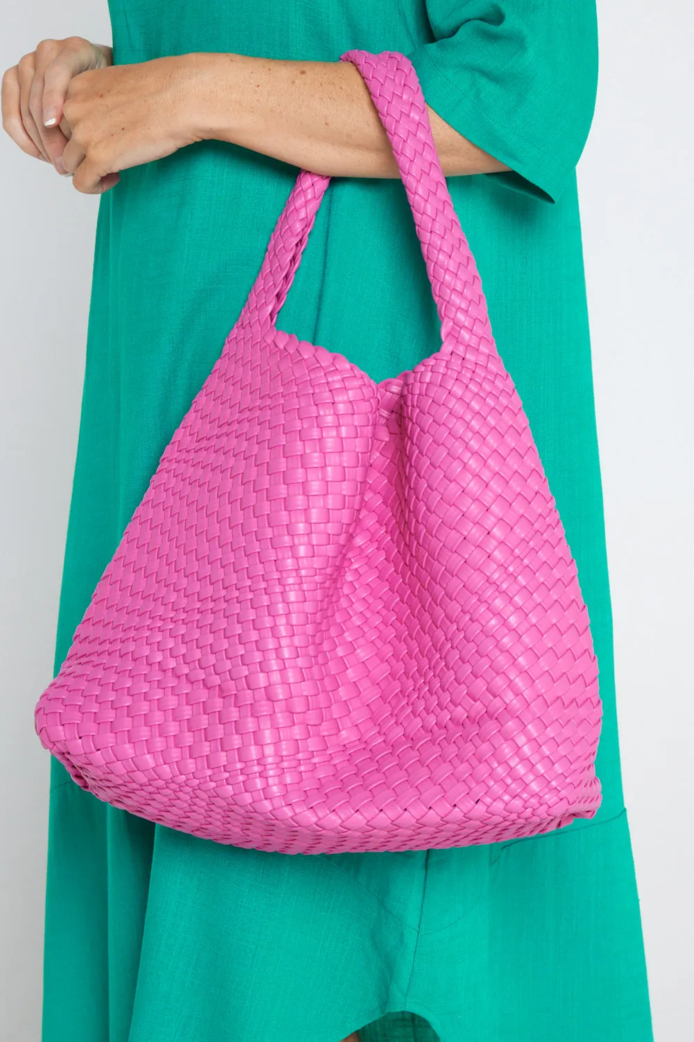 Woven Slouch Bag & Clutch - Magenta