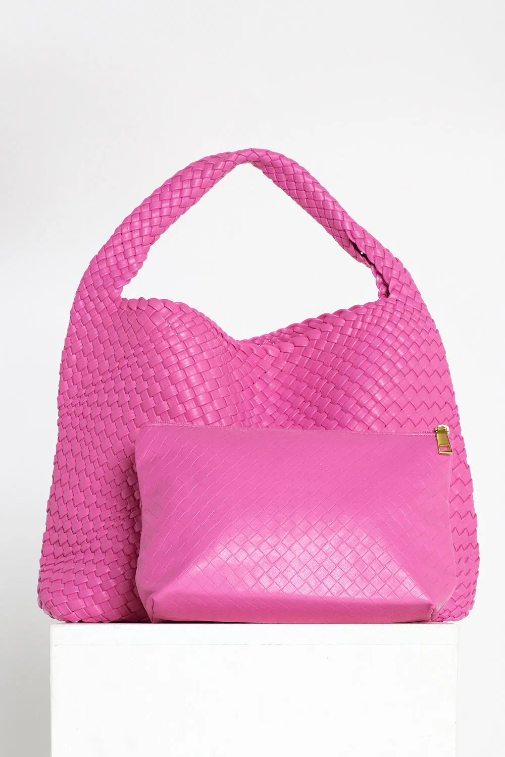 Woven Slouch Bag & Clutch - Magenta