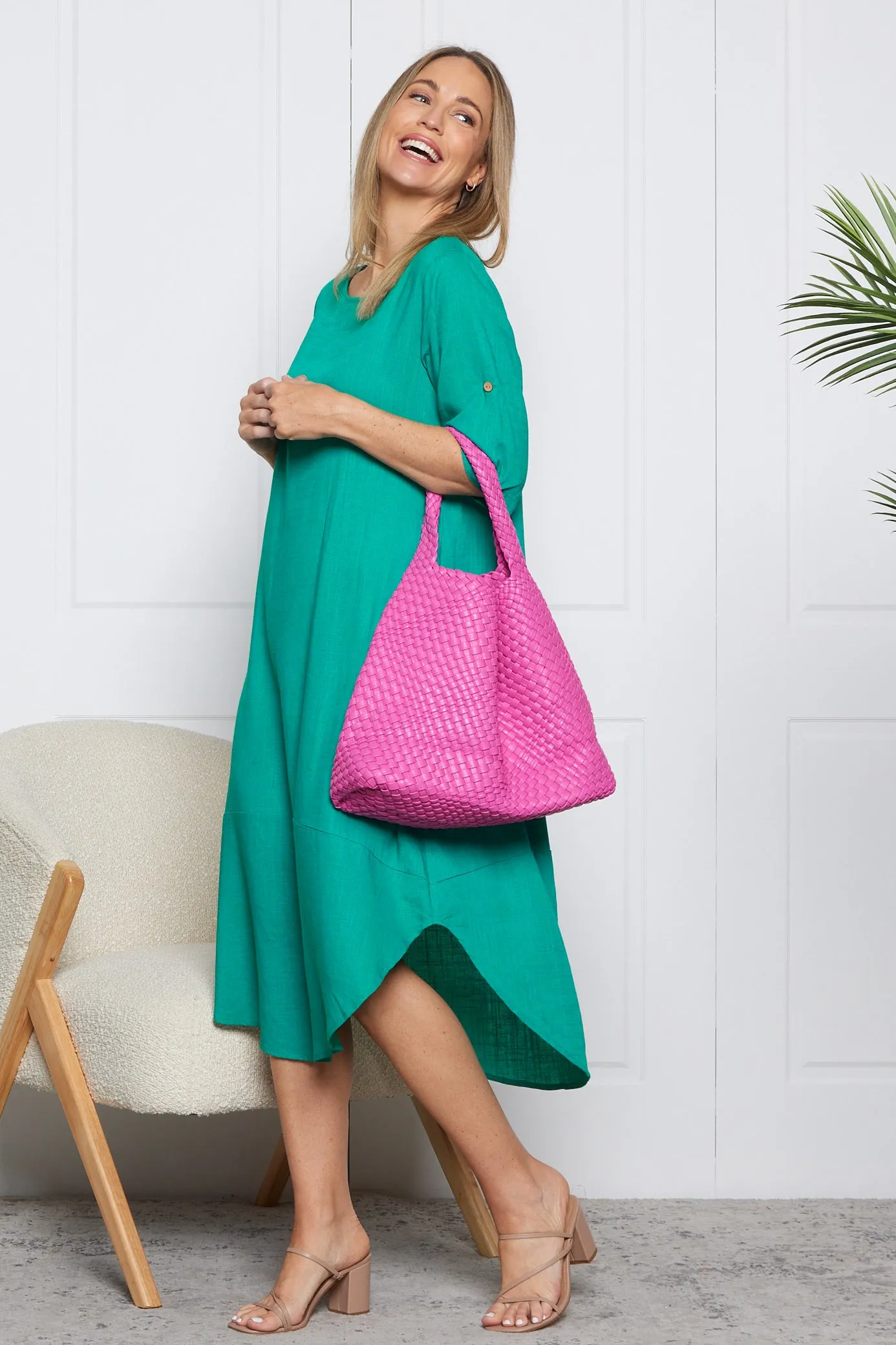 Woven Slouch Bag & Clutch - Magenta