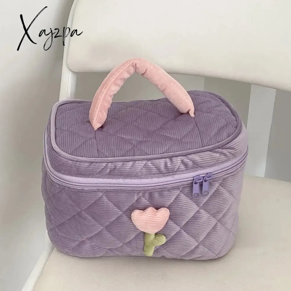 Xajzpa - Women's Tulip Flowers Pouch Ins Large Capacity Travel Cosmetic Bag Corduroy Zipper Toiletry Bags Portable Storage Box